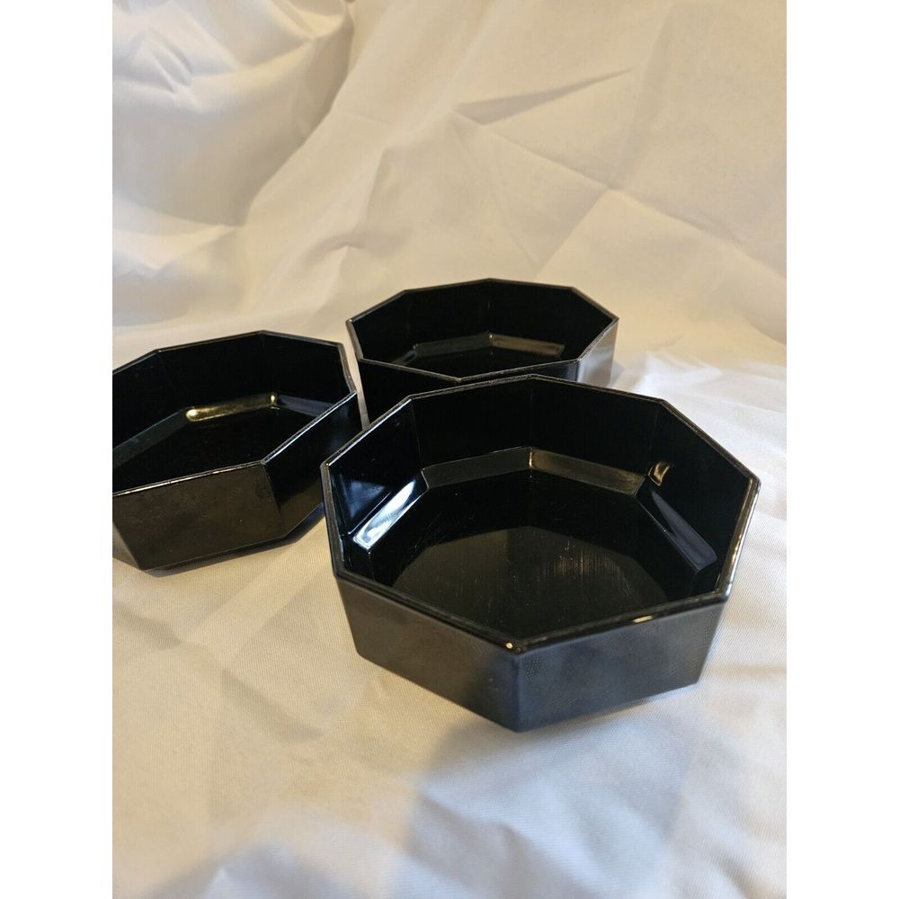 Vintage 3 Pc. Arcoroc France Octime Black Glass Octagon 5.5x2‎ Inch Bowls